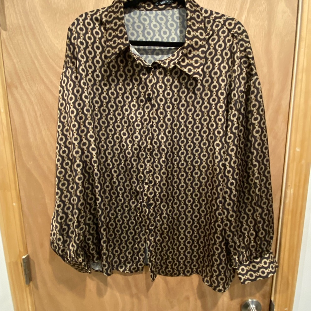 SHEIN Brown and Gold Patterned Blouse
